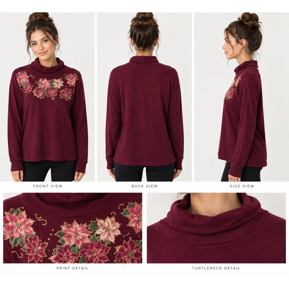 Carriage Court Sport Vintage Burgundy Poinsettia Christmas Turtleneck Top XL